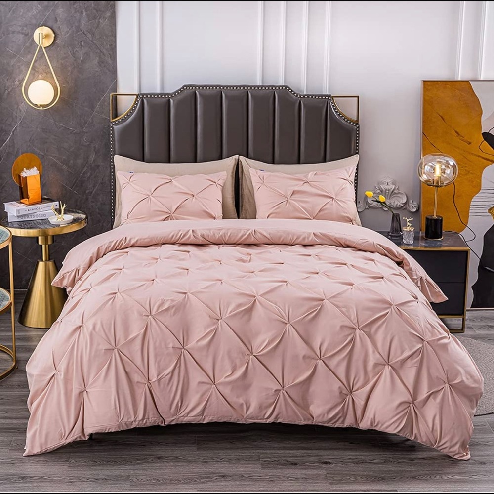Queen Pinch Pleated Duvet Cover - 3PCS Pink/Blush